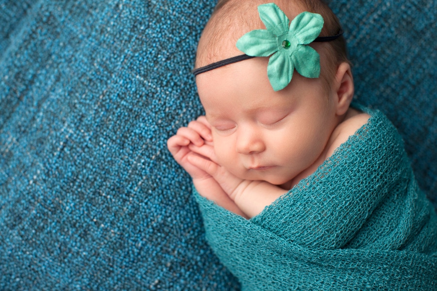 cutest newborn baby girl posing snuggled up in Dallas Studio