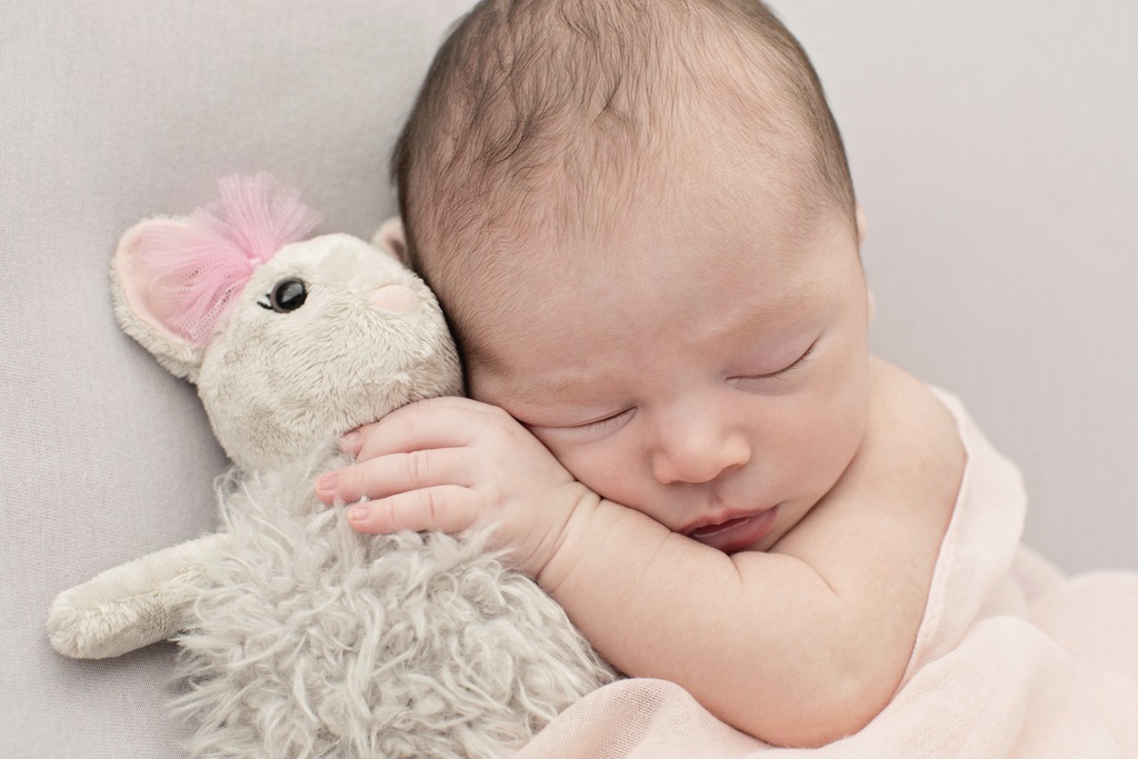 sleepy newborn girl snuggled up in studio