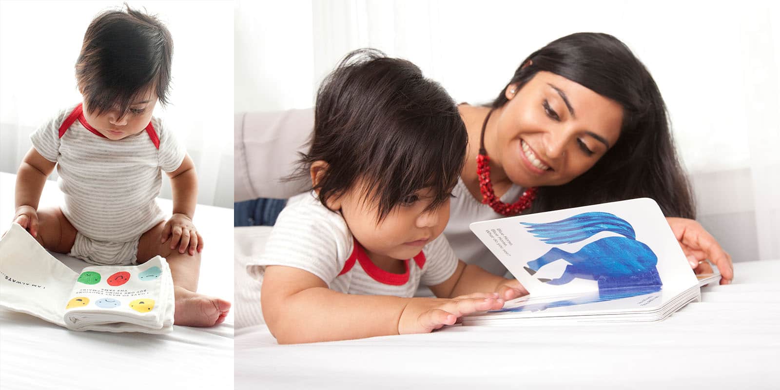 Adorable boy and his mom read a book in private studio