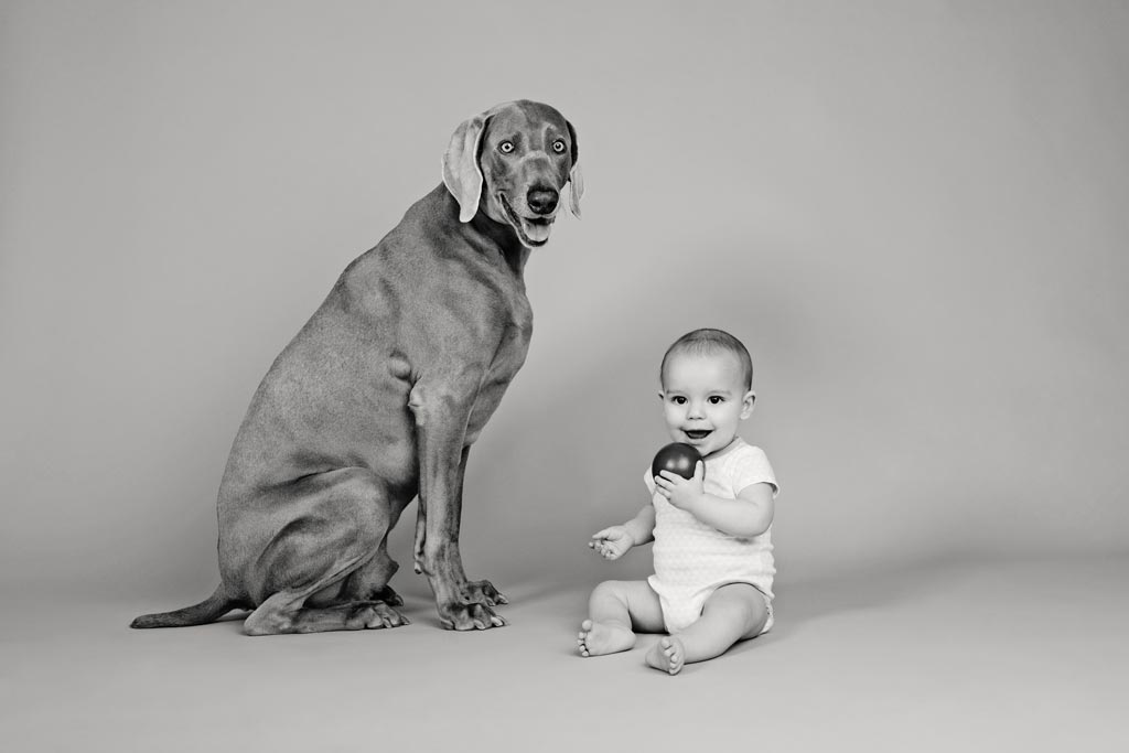 cute baby and dog pose for adorable black and white studio photos