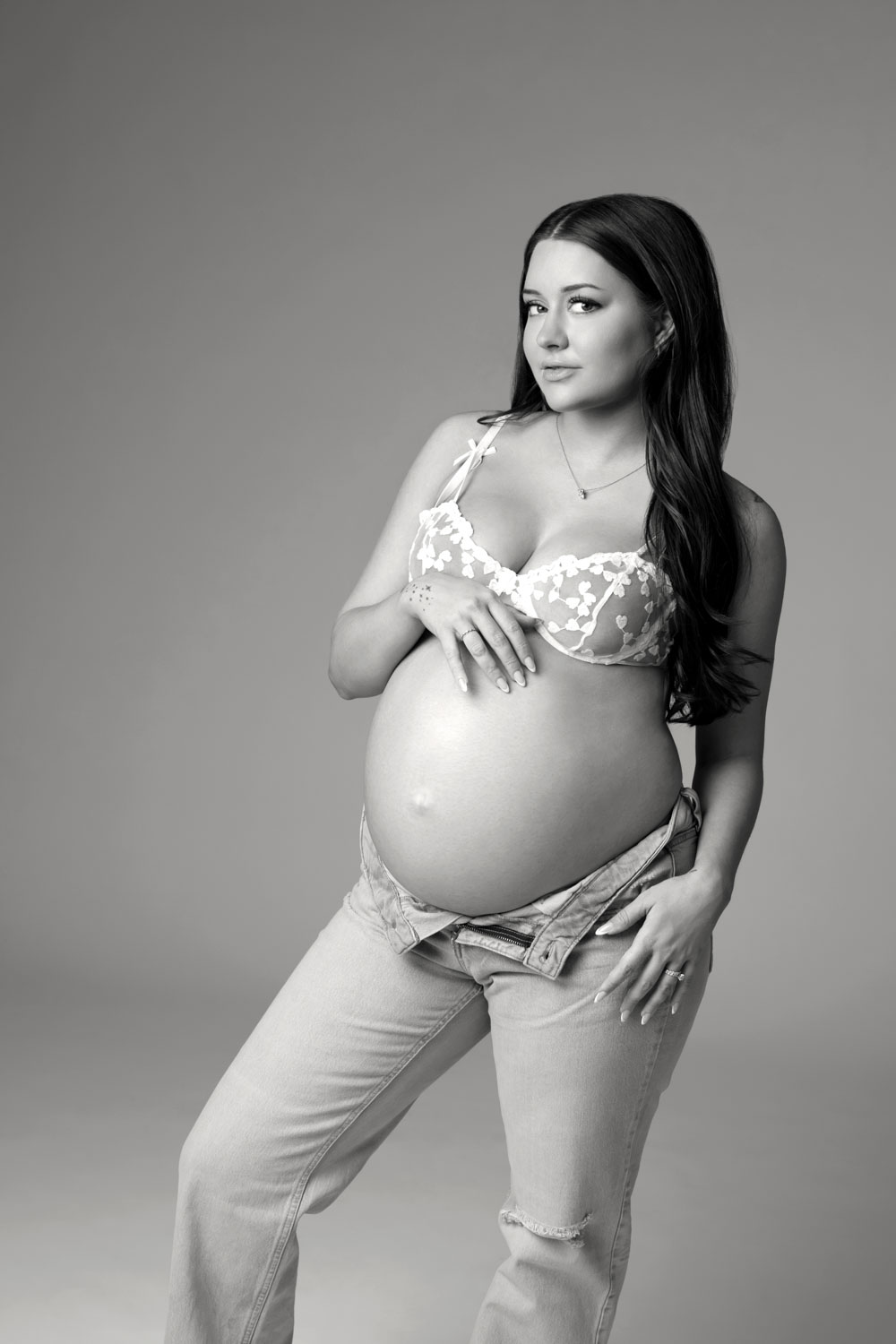 Maternity photos white bra and jeans Dallas photographer